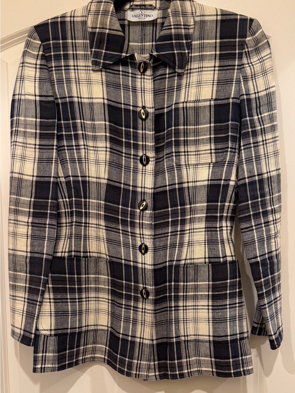 VNTG Valentino Miss V late 80’s - early 90’s Plaid Peplum Linen Blazer 38 US 2-4